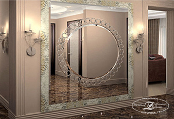 Алмазная гравировка зеркал и стекла в багете или раме со светильниками по бокам